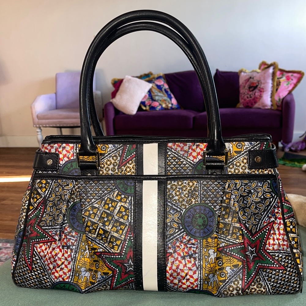 L.A.M.B. Expandable Leather & Canvas Multicolor Patterned satchel Bag. - Picture 2 of 7